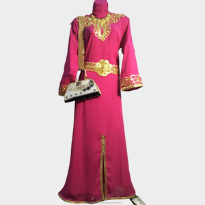 <b>Pink</b> Luxury Embroidered <b>Kaftan</b> Dress with Gold Lace Neckline and Waist Belt for Wedding Party Wear - Product Image 1