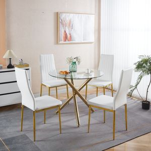 Set da Pranzo Mid-Century 1+4,5 Pezzi con Tavolo con Gambe in Metallo per 4-6 Persone, Piano in Vetro, Tavolo da Pranzo con Base a Piedistallo per Sala da Pranzo - Product Image 1
