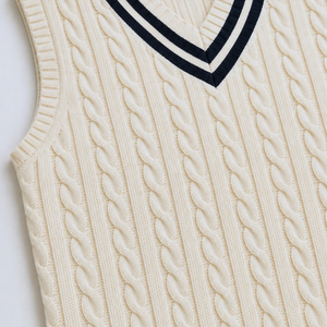 <b>Men's</b> Cream Cable Knit V-Neck Sleeveless Vest Solid Color Autumn Knitted <b>Sweater</b> - Product Image 2