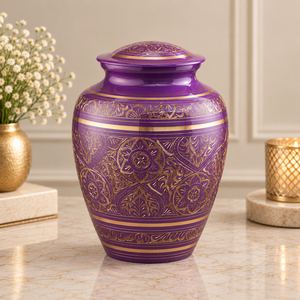 Urne funéraire en métal Majestic Plum Urn, motif floral persan, avec accents dorés et couvercle décoratif sécurisé - Product Image 1