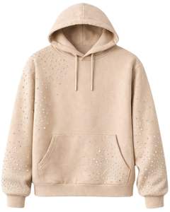 Sweat à capuche beige en strass, coupe oversize, molleton épais, avec poche kangourou, personnalisable, streetwear, fabricant de sweats à capuche pour hommes - Product Image 1