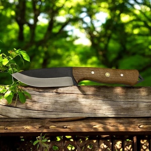 Couteau de chasse à lame en acier au carbone, pointe clip, manche en bois, bord droit, avec étui en cuir marron - Product Image 3