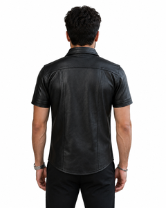 Men’s Genuine Cowhide Leather <b>Shirt</b> <b>Black</b> Short Sleeve <b>Button</b> <b>Up</b> Classic Casual Style with Point Collar Metal Snap Closure and P - Product Image 4