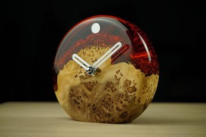 Handmade Burr Elm Wood <b>Clock</b> Red Epoxy Resin Desk Timepiece - Product Image 6