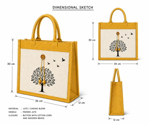 Yellow Laminated Jute Canvas Tote <b>Bag</b> <b>Tree</b> Print Button Closure Eco-Friendly Reusable Shopping Handbag for Exhibition Wedding - Product Image 2