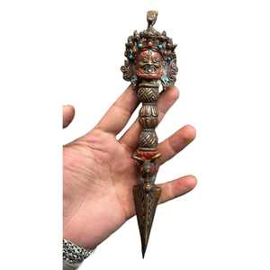 Antique Magical <b>Dart</b> Phurba Sculpture-Embossed Cast Metal Buddhist Art with Irregular Shape - Product Image 2