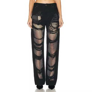 Jean large en maille à sequins pour femme, effet vieilli, transparent, taille haute, coupe ample, style vintage avec strass - Product Image 1