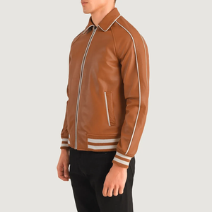 Men's Brown Genuine <b>Leather</b> Bomber <b>Jacket</b> Turn-down Collar Zipper Closure Casual Autumn Wear Regular Fit - Product Image 3
