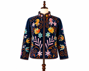 Suzani Embroidery Bomber Jacket Handmade <b>Needlework</b> Women Blue Corduroy Boho Party Wear Bird Motif Side Pockets Vintage Coat - Product Image 1