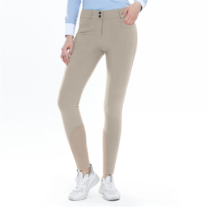 Pantalon d'équitation taille haute pour femme, couleur unie, coupe ajustée, fermeture boutonnée, beige - Product Image 1