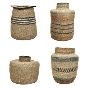 SPICE ROUTE Eco-Friendly Multi-Tone Striped <b>Seagrass</b> <b>Storage</b> <b>Basket</b> & Vase Collection with Handle Multifunction Geometric Design - Product Image 1