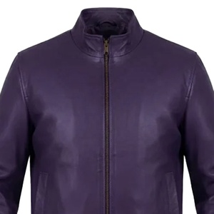 Blouson Bomber en Cuir Véritable pour Homme, Style Universitaire, Violet Foncé, Col Montant, Vêtement d'Extérieur Décontracté pour l'Automne - Product Image 2