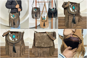 New Arrival Genuine Cowhide Leather Fringe Crossbody <b>Bag</b> with Turquoise Concho Bohemian Suede Leather Western Handbag <b>for</b> Women - Product Image 3