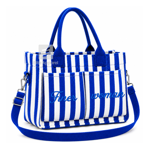 Custom Zeta Phi Beta Sorority Tote <b>bag</b> Blue and White Embroidered Logo Striped Daily Use <b>Large</b> Capacity <b>Canvas</b> Tote <b>bag</b> - Product Image 5