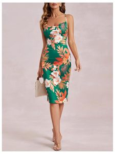 Robe d'été en satin pour femme, imprimé floral, col bénitier, sans manches, froncée, fente sur la cuisse - Product Image 2