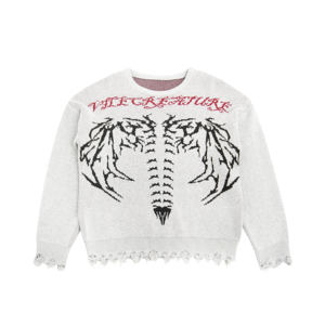 Pullover da uomo in lana anteriore personalizzabile Color grigio invernale ODM fornitura Horror a tema 3D drago in osso con ala ricamata a tracolla - Product Image 1