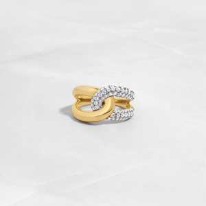 Two-tone Silver Pave Cubic Zirconia Inter-twined Cuff Design Cuban Chain Link <b>Chunky</b> Interlocking Loop Wedding Engagement <b>Ring</b> - Product Image 1