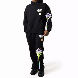Survêtement noir à capuche pour homme avec imprimé palmier, coupe ample, en coton, style streetwear, sweat-shirt et pantalon décontractés - Product Image 2