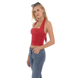 Top Corto Rojo Elegante de Verano para Mujer, Transpirable, con Cuello Halter, Bordado, con Botones, Manga Corta, Casual, Ecológico, de Spandex/Algodón - Product Image 2