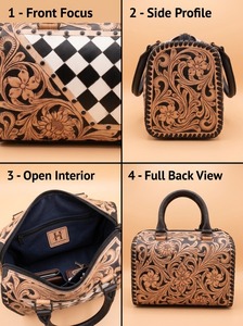 Bolso de Hombro de Cuero Genuino Hecho a Mano con Diseño de Rejilla de Diamantes Moderna, Forma Boston, con Dos Cierres y Correa de Hombro, Adornado con Pedrería para Mujer - Product Image 4