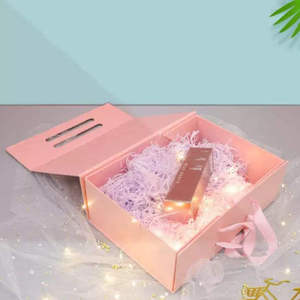 Elegant Pink Folding Gift <b>Box</b> with Ribbon Handle Luxury <b>Foldable</b> Pink Packaging <b>Box</b> with Ribbon Handle - Product Image 6