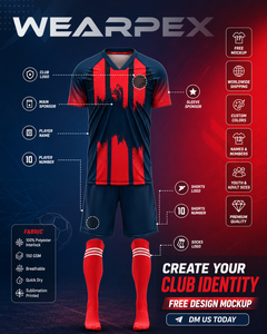 Conjunto de Camiseta de Fútbol Personalizada con Cuello en V, Manga Corta, Color Rojo Marino, Sublimada, Transpirable, de Secado Rápido, Uniforme Unisex para Adultos y Jóvenes - Product Image 1
