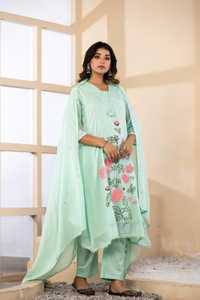 Ensemble Salwar pour femmes en coton vert menthe brodé, longueur genou, avec dupatta, coupe classique, style traditionnel, séchage rapide, printemps-été - Product Image 4