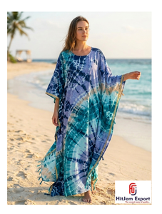 Vestido Kaftán Boho Tie Dye Personalizado para Mujer, Manga Murciélago, Largo hasta el Tobillo, Traje de Playa, Ropa de Verano para Resort, Fabricante OEM ODM - Product Image 1