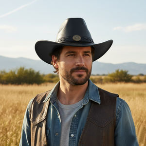 Chapeau de cowboy noir en cuir fait main, style western steampunk, à large bord, pour activités de plein air, vente en gros, style européen et américain - Product Image 4