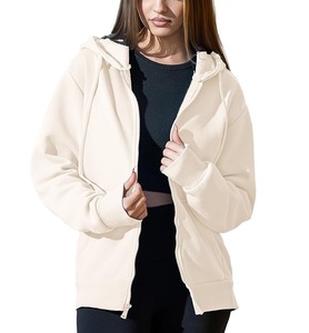 Prix de gros – Sweat à capuche zippé décontracté et confortable pour femme, 100 % coton, manches longues, col rond, épaules tombantes, couleur unie – Meilleur prix - Product Image 2