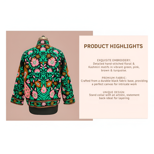 Chaqueta Bomber de Terciopelo con Bordado a Mano de Pavo Real para Mujer, con Cuello Alto Floral y Forro de Algodón, Venta al Por Mayor - Product Image 3