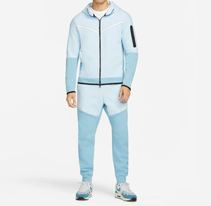 Men's Light Blue Color Blocking Full <b>Zip</b> <b>Hooded</b> Tracksuit Set Breathable Sporty Design Regular Fit Polyester Cotton Spring Wear - Product Image 1