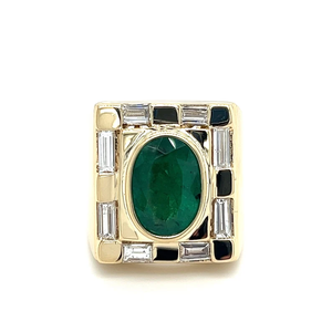 Anello da Cocktail Vintage in Oro 14K per Uomo <span class=keywords><strong>con</strong></span> <span class=keywords><strong>Smeraldo</strong></span> Naturale Ovale e Diamanti Baguette Certificati IGI, Design Geometrico Moderno, Febbraio - Product Image 4