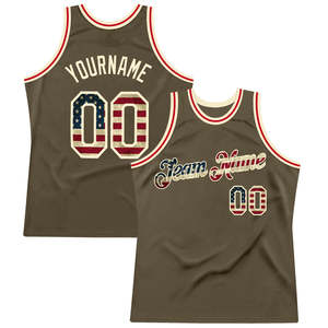 Auténtica Camiseta de Baloncesto Color Crema con Bandera de EE. UU. Vintage Personalizada en Verde Oliva, 100% Poliéster Transpirable, Homenaje al Servicio - Product Image 5