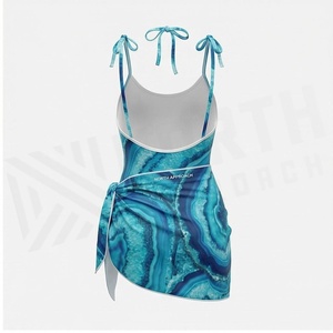 Women's <b>Blue</b> Agate Print Swimdress Halter Neck Tie Side Asymmetric Wrap One Piece Stretch Beachwear - Product Image 2