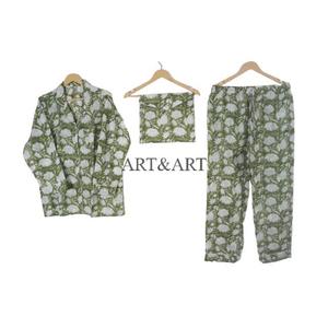 Ensemble de pyjama décontracté en coton fait main pour femme, style indien, imprimé floral estival, respirant, doux, séchage rapide, confortable, entièrement boutonné - Product Image 6