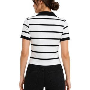 Polo a Rayas Blanco y Negro para Mujer, Manga Corta, Cuello Camisero, Corte Ajustado, Informal, Verano, Moda, Personalizable, Venta al Por Mayor - Product Image 2
