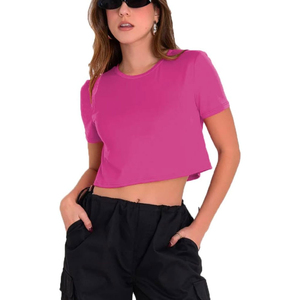 INDEX APPAREL Women's Pink Crop <b>Top</b> Crew Neck Short Sleeve Solid Color Casual Knitted Cotton T-Shirt Spring Summer Wear - Product Image 5