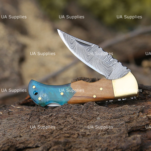 UA Supplies Industrial Grade Damascus Steel Drop Point Knife Pearl Resin Handle Brass Accents Blue Inlay 6.5 Overall Knife - Product Image 6