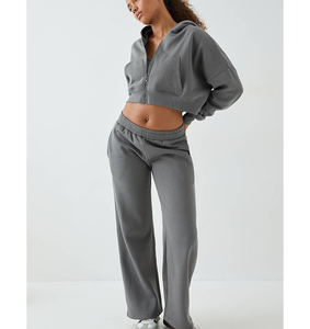 Wholesale Cloth Loose Fit Crop Jogging Sweatsuit Polyester Fleece Hip Hop Straight Leg Pants Yoga Gym Fitness Exercise 2PCS <b>Set</b> - Product Image 3