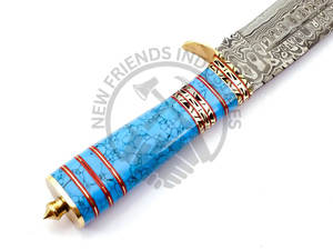 Nouvelle édition de couteau de chasse en acier Damas personnalisable, manche en laiton avec pierre turquoise bleue, lame fixe, couteau de camping, couteau de survie - Product Image 3