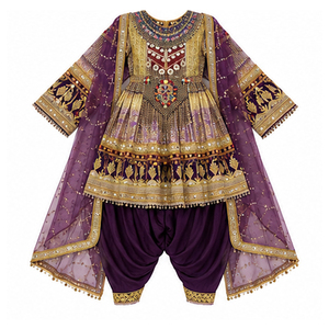 Vestido tradicional indio, pakistaní y afgano Kuchi de seda morada con bordado dorado, vestido Kuchi afgano holgado hasta el suelo para mujer - Product Image 6