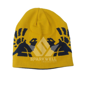 Bonnet en tricot jacquard unisexe avec motif animalier en bleu marine et jaune pour un usage décontracté en extérieur, taille adulte 56-58 cm - Product Image 3