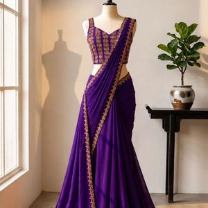 Sari tradicional de crepé de seda listo para usar con bordados y lentejuelas, con blusa cosida, precio al por mayor por Royal Export. - Product Image 4