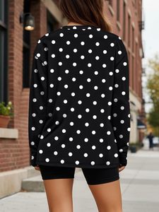 Pull à manches longues pour femme, imprimé à pois noir et blanc, col rond, manches chauve-souris, haut décontracté, 100% polyester, respirant, toutes saisons - Product Image 3
