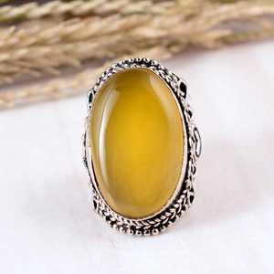 Natural Yellow Chalcedony <b>Ring</b> 925 Sterling <b>Silver</b> Large Oval Bezel <b>Set</b> Cabochon Gemstone Handmade Ornate Filigree Boho Unisex - Product Image 1