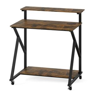 <b>Rustic</b> Brown 32\" Rolling Computer <b>Desk</b> with Power Strip & Monitor Stand Mobile Office Solution - Product Image 3