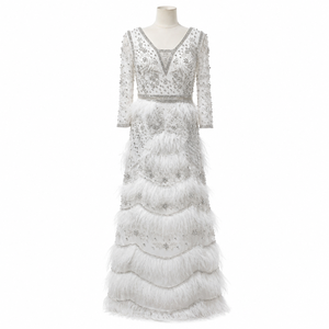 Women White Feather Beaded Maxi Gown <b>Sequin</b> Embellished V Neck Long Sleeve Tiered Evening Dress Luxury Wedding Party Formal - Product Image 1