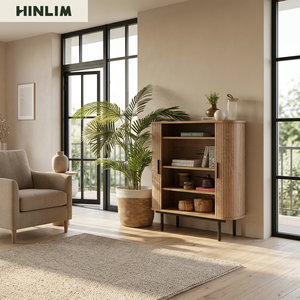 Mueble de Salón Moderno y Duradero de Madera, Diseño Mu-ji, Mueble de Almacenamiento con 4 Compartimentos, Puertas de Tablero y Patas de Metal Negro - Product Image 5