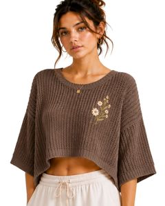 Pull court tricoté marron pour femme, coupe ample, manches courtes, léger et respirant, idéal pour l'été, style décontracté et tendance - Product Image 1